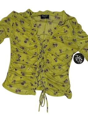 Jolie & Joy Olive Green Floral Ruched Tie-Front Blouse